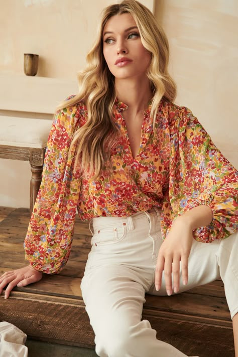 Spring Dream Floral Hathaway Split Neck Long Sleeve Blouse – Sugarlips Floral Casual Outfit, Feminine Shirts Blouses, Colorful Blouse Outfit, Spring Blouses For Women, Floral Shirt Outfit Women, Fun Work Outfits, Floral Blouse Outfit, Santorini Outfit, Floral Shirt Outfit