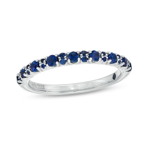 Make an unexpected choice when you pair this blue sapphire anniversary band from the Vera Wang Love Collection with your bridal jewellery. Created in 14K white gold Bright blue sapphires line this classic style in eye-catching colour. Set into the shank is a blue sapphire - the signature of the collection and a symbol of faithfulness and everlasting love. Vera Wang is exclusively ours. Sapphire Anniversary Band, Sapphire Anniversary, Colour Set, Pearl Strands Necklace, Gold Book, Peoples Jewellers, Freshwater Cultured Pearls, Bridal Jewellery, Sapphire Stone