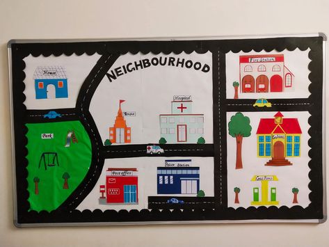 Neighbourhood Theme Boards, Neighborhood Theme Preschool, Preschool Building Activities, Kids Architecture, Neighborhood Activities, Teaching Learning Material, Birthday Board Classroom, Picture Comprehension, Punctuation Worksheets