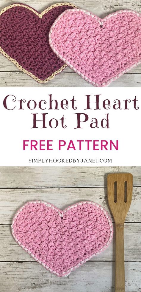 This is a free crochet pattern for a Valentine's Day Heart Hot Pad. This heart hot pad uses the crunch stitch to add nice texture. 2 strands of 100% cotton yarn are held together for thickness. A great crochet pattern for a gift idea. A free crochet pattern by Simply Hooked by Janet. Crochet Heart Pattern. Crochet Hot Pad. Crochet Potholder. #freecrochetpattern #crochetheart Heart Pattern Crochet, Hot Pad Crochet, Crochet Hot Pad, Crochet Dish Towels, Crochet Towel Holders, Crochet Pot Holders Free Pattern, Dishcloth Patterns Free, Crochet Potholder Patterns, Crochet Hot Pads