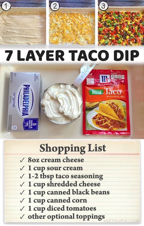 7 Layers Taco Dip, Taco Night Dips, 7 Layer Chip Dip, Tacos Party Food, Easy No Bake Dips, Easy 7 Layer Dip Simple, Finger Party Food Easy, 7layer Dip Recipe, 5 Layer Dip Mexican Easy