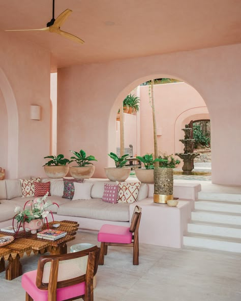 Casa Rosada Sayulita Cuban Interior Design Havana Cuba, Cartagena Interior Design, Colorful Spanish House, Mexico Home Aesthetic, Pink Mexico Aesthetic, Colorful Mediterranean Interior, Colombian Interior Design, Pink Hacienda, Mexican Houses Interior