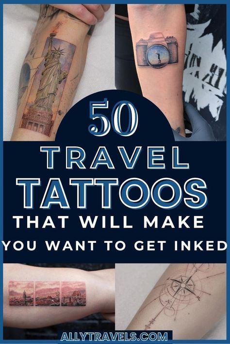 This guide lists 50 unique travel tattoos that will inspire your wanderlust. It includes ideas for unique female travel tattoos, male travel tattoos, travel quote tattoos, tattoo travel sleeves, small travel tattoos, large travel tattoos, travel tattoos of the world, tiny travel tattoos,compass tattoos, traditional tattoos, dainty travel tattoos, and tattoos that have unqiue meanings. #travel #traveltattoo #tattoo #travelink #tattooideas #wanderlusttattoo #unqiuetattoos #tinytattos #tattoos Travel Tattoo Sleeves, Unique Travel Tattoos, Unique Tattoo Locations, Meaningful Travel Tattoos, Travel Inspired Tattoos For Women, Tattoo Ideas Female Traveling, Adventure Tatoos Ideas, Tattoo Idea For Travellers, Wanderlust Tattoo Men