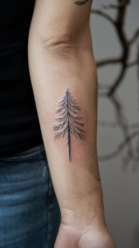 Simple Tree Tattoo Men, Pine Tree And Mountain Tattoo, Fine Line Pine Tree Tattoo, Pine Tree Tattoos, Christmas Tattoo Ideas, Evergreen Tattoo, Weeping Willow Tattoo, Birch Tree Tattoos, Tree Tattoo Ideas