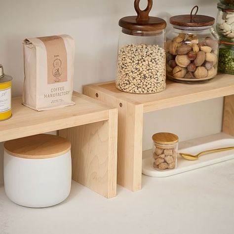 Food Storage Containers & Kitchen Counter Accessories | West Elm Small House Shelving Ideas, Shelf For Kitchen Counter, Shelf Risers Diy, Kitchen Counter Shelves, Diy Shelf Riser, Countertop Shelf Kitchen, Kitchen Shelf Organization, Shelf Kitchen Ideas, Small Kitchen Counter Decor