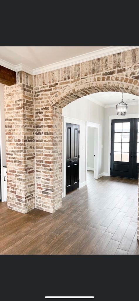 Brick Foyer, Brick Foyer Entryway, Ohio House, Dream Farmhouse, Foyer Entryway, Brick Arch, Modern Farmhouse Design, Farmhouse Design, Brick Wall