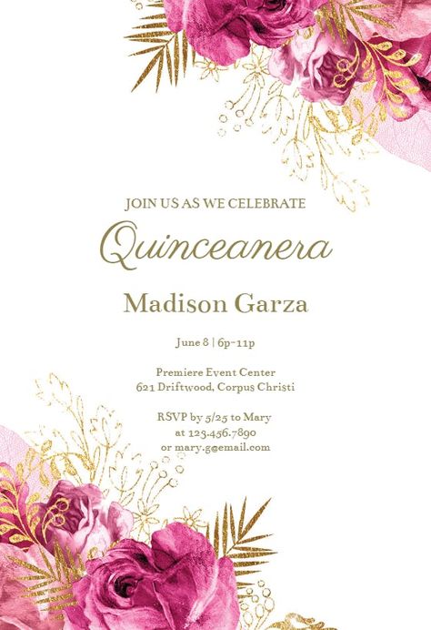 Quincenera Invitations Template, Roses Invitation Template, Pink And Gold Invitation, Pink And Gold Invitations, Quinceañera Invitation, Quince Invitations, Quinceanera Invitation, Template Birthday, Greetings Island