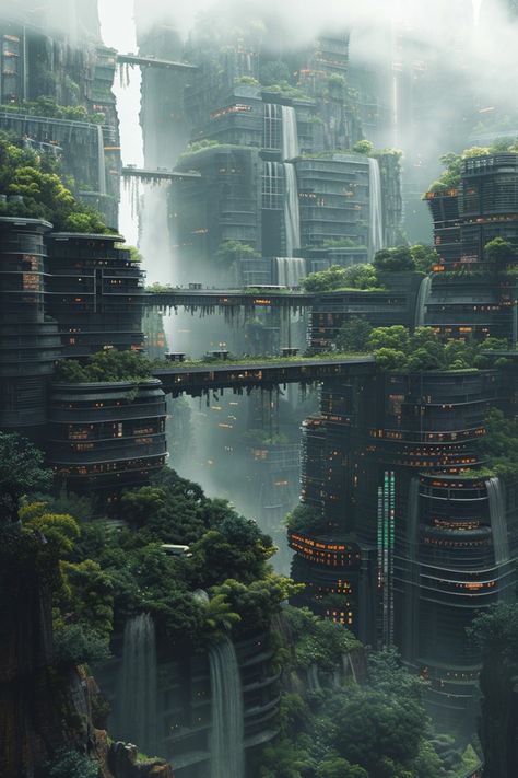 Mythical Cities, Apocalypse Landscape, Strange Days, Sci Fi Architecture, Sci Fi City, Dreamy Artwork, Forest City, Landscape Concept, Dark City