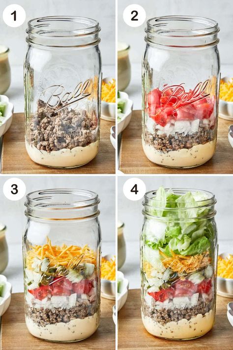 Mason Salad Jars, Big Mac Salad In A Jar, Mason Jar Prep Meals, Salad Meal Prep Mason Jar, Big Mac Mason Jar Salad, Salads In A Jar Recipes Healthy, High Protein Mason Jar Meals, Salad In A Mason Jar Recipe, Salad Mason Jar Recipes