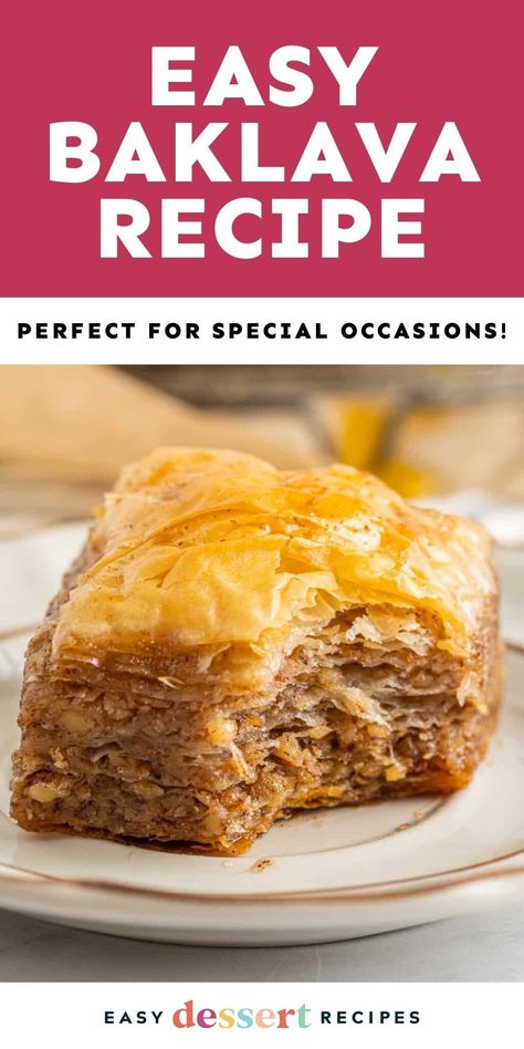 This Easy Baklava is a delicious, flaky dessert with layers of buttery phyllo dough and a sweet nut filling. A simple and satisfying dessert that’s sure to impress! Pop over to my site for this easy dessert recipe! Baklava Dough Recipe, Easy Baklava Recipe Phyllo Dough, Easy Baklava Recipe Simple, Phyllo Dough Recipes Savory, Phyllo Dough Desserts, Filo Dough Recipes Desserts, Baclavale Recipes Greek, Easy Phyllo Dough Recipes, Phyllo Dough Recipes Dessert