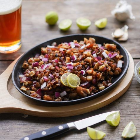 Pork Sisig (Charcoal Grilled, Served on a Sizzling Platter) Sizzling Plate Food Photography, Sisig Food Photography, Sizzling Sisig, Lunch Pictures, Sisig Recipe, Soy Sauce Dressing, Drinking Food, Pork Sisig, Asian Food Photography