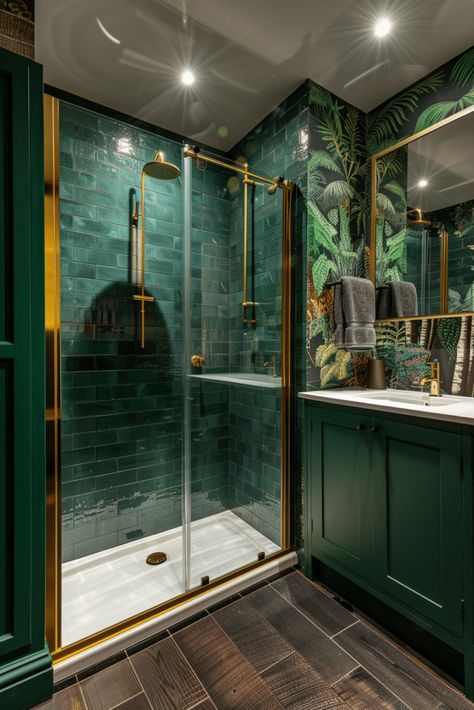 30 Elegant and Moody Bathroom ideas for a Luxurious Retreat Green Moody Bathroom Ideas, Dark Green Marble Bathroom, Dark Green Bathroom Tiles Master Bath, Black And Green Bathroom Ideas, Dark Tropical Bathroom, Forest Green Bathroom, Moody Bathrooms, Moody Bathroom Ideas, Master Ensuite Bathroom Moody