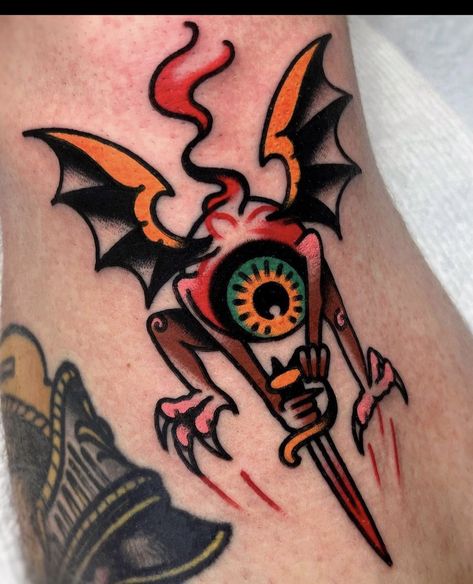 Ghoul Tattoo Ideas, Cool Traditional Tattoos Ideas, American Traditional Halloween, Mushroom Cloud Tattoo, Ophanim Tattoo, American Trad Cowboy Tattoo, Cyclops Tattoo, American Traditional Gargoyle Tattoo, American Traditional Creepy Tattoos