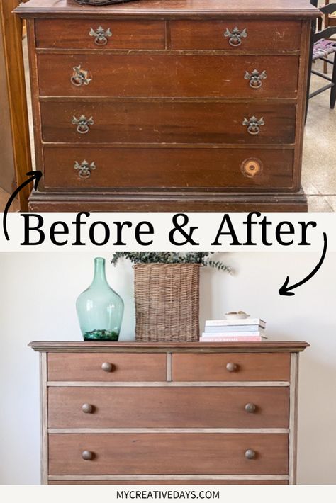 Turn an old dresser into a stylish modern piece with our DIY Pottery Barn dresser makeover! This project shows you how to achieve that classic DIY Pottery Barn finish, perfect for any skill level—whether you're new to upcycled home décor or an expert in DIY furniture makeovers. It's an easy way to add a trendy touch to your home! Changing Table Dresser Diy, 9 Drawer Dresser Diy, Vintage Dresser Restoration, Refinished Vintage Dresser, Diy Painting Dresser, Tall Dresser Makeover Diy Repurposing, Painted Dressers Before And After, Dresser Flips Before After, Wooden Dresser Makeover