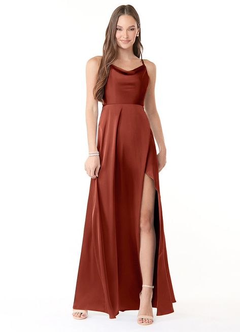 AZAZIE NAOMIE STRETCH SATIN DRESS - Bridesmaid Dresses Terracotta Bridesmaid Dresses Azazie, Sangria Bridesmaid Dresses, Satin Dress Bridesmaid, Terracotta Bridesmaid Dress, Terracotta Bridesmaid, Bridesmaid Dresses Separates, Rust Bridesmaid Dress, Orange Bridesmaid, Fall Bridesmaids