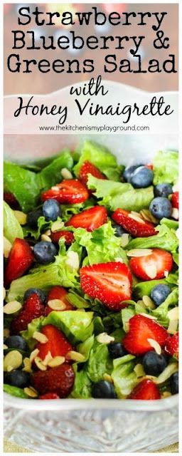 Strawberry, Blueberry & Greens Salad with Honey Vinaigrette ~ as tasty as it is beautiful!  www.thekitchenismyplayground.com Honey Strawberry, Ww Salads, Honey Vinaigrette, Lettuce Salad Recipes, Blueberry Salad, Greens Salad, Romaine Salad, Green Salad Recipes, Beautiful Salad