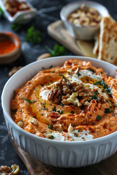 Red pepper hummus topped with walnuts, olive oil, herbs, and paprika in a white bowl. Almond Dip, Walnut Dip, Roasted Red Pepper Dip, Roasted Cauliflower Steaks, Lemon Ricotta Pancakes, Buddha Bowls Recipe, Watermelon And Feta, Buddha Bowls, Roasted Red Pepper