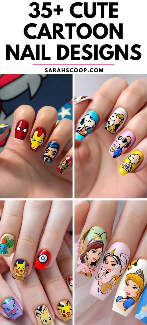 Show off your love for cartoons with 35+ cute cartoon nail designs! 🎨💅 These playful styles are perfect for adding a touch of nostalgia to your nails. #CartoonNails #NailArt #CuteNails Cartoon Nails Design, Animated Nails, Cartoon Nail Art Designs, Pixar Nails, Adventure Time Nails, Princess Nail Designs, Pikachu Nails, Superhero Nails, Disney Princess Nails