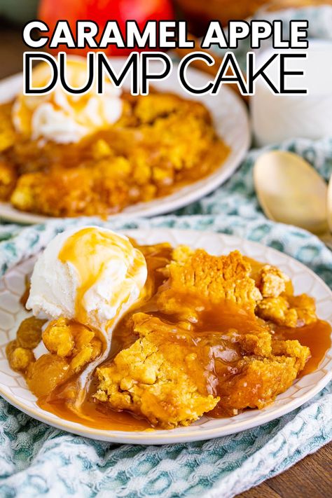 Ready in about an hour, this Caramel Apple Dump Cake is a 5-ingredient dessert wonder. Totally fool-proof and completely delicious! Apple Pie Filling Dump Cake, Pie Filling Dump Cake, Caramel Apple Pie Filling, 5 Ingredient Desserts, Apple Dump Cake Recipe, Apple Dump Cake, Caramel Apple Dump Cake, Crockpot Dessert Recipes, Apple Dump Cakes