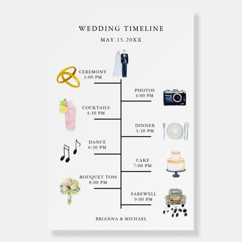 Watercolor Icon Wedding Day Timeline  Foam Board  Zazzle Music Notes Cake, Groom Rings, Free Wedding Planner Printables, Budget Planner Free, Cake Bouquet, Plate Setting, Wedding Budget Planner, Wedding Day Schedule, Free Wedding Planner