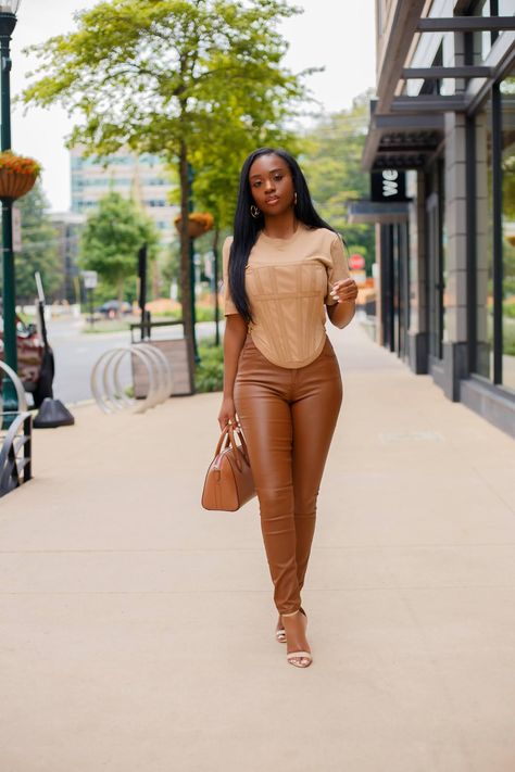 Prissysavvy Shades Of Brown Outfit Black Women, Feminine Style Black Women, Office Baddie Outfits, Leather Pants Outfit Black, Brown Leather Pants Outfit, Peanut Butter Caramel, Modeling Outfits, Tan Outfit, Brown Leather Pants