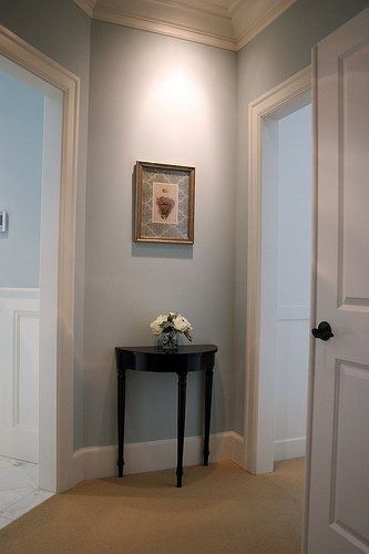 woodlawnblue-BM Bm Woodlawn Blue, Woodlawn Blue Benjamin Moore, Woodlawn Blue, Hallway Ideas Diy, Ikea Apartments, White Molding, Navajo White, Scandinavian Color, Paint Color Palettes