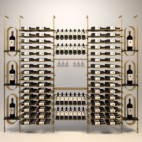 The 224-bottle capacity Abruzzo Wine Wall Display features ample bottle storage combining 3-deep Label-Out Wine Racking, Angled Wine Displays plus Linear Stemware Holders. This unit is anchored by six 12" Capsule Shelves perfect for displaying magnum or jeroboam-size bottles. Size: 111” W x 96” H Bottle Capacity: 224 (based on 12" bottles with 3-1/4" diameter) Central stability supports are included on any wall mount unit over 7' H. Blocking is required at all mounting locations. SketchUp File Modern Wall Wine Rack, Wine Cellar Inspiration, Wine Wall Display, Wine Displays, Wine Cellar Wall, Wine Storage Wall, Wine Bottle Shelf, Wine Rack Design, Wine Closet