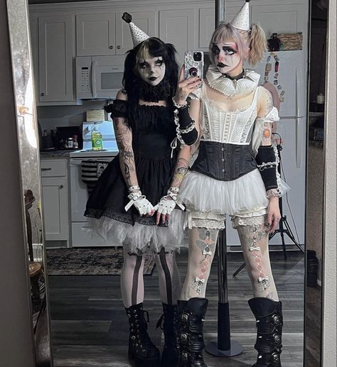 Doll Costume Ideas For Women, Creepy But Cute Halloween Costumes, Womens Scary Clown Costume, Icp Halloween Costume Ideas, Halloween Costumes With Dark Hair, Baphomet Costume Woman, Cute Scary Clown Costume, Women Halloween Costume Scary, Art The Clown Female Costume