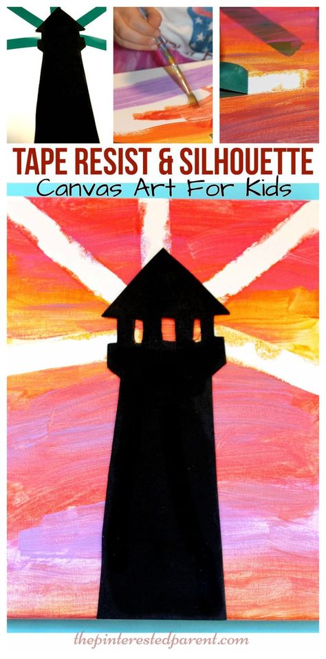 Tape resist and silhouette sunset lighthouse canvas painting with printable template. Light House Template Free Printable, Lighthouse Template Free Printable, Lighthouse Craft, Canvas Art For Kids, Lighthouse Theme, Lighthouse Crafts, Silhouette Sunset, Color Lessons, Arts And Crafts For Teens