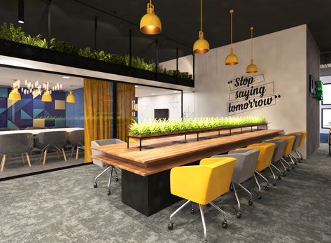 Co Working Desks, Hot Desking Office Design, Office Communal Space, Fun Office Design Work Spaces, Funky Office Design, Colourful Office, Workstation Design, Hot Desking, Workstation Ideas