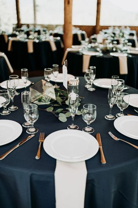 Navy And Black Table Setting, Navy Blue Tablecloths Wedding, Navy Blue And Mint Green Wedding Decorations Table Settings, Navy White And Greenery Wedding, Navy Round Table Wedding, Blue And Black Table Decorations, Navy And Sage Green Wedding Invitations, Dark Navy Blue And Gold Wedding, Navy Table Cloth Wedding