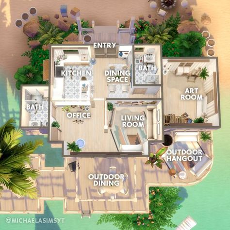 Michaela Sims | Sims 4 Builder ✨🇨🇿 on Instagram: "And now the floor plan of my Cozy Beach Home ☀️ I had a blast working on this tropical home for a commission, pairing light neutral colors, light wood, and blue accents together and creating a cozy outdoor space! 🩵  ☀️ Sulani ☀️ 30x20 ☀️ $79,141  ☀️ Origin ID: michaelasimsyt ☀️ Speed build on my YT channel, link in bio ________________ 🏷  the sims 4 | the sims 4 house | the sims 4 ideas | sims 4 speedbuild | sims 4 exterior  Game: @thesims | #thesims #thesims4 #sims4 #showusyourbuilds #ts4 #sims4build #simstagram #simsbuild" Sims 4 Beach House Floor Plans, Sims 4 Sulani House Plan, Sulani Homes Sims 4, Beach House Floor Plan, Sims 4 Beach House, Cozy Beach House, Beach House Floor Plans, Sims Freeplay Houses, Sims 4 Speed Build