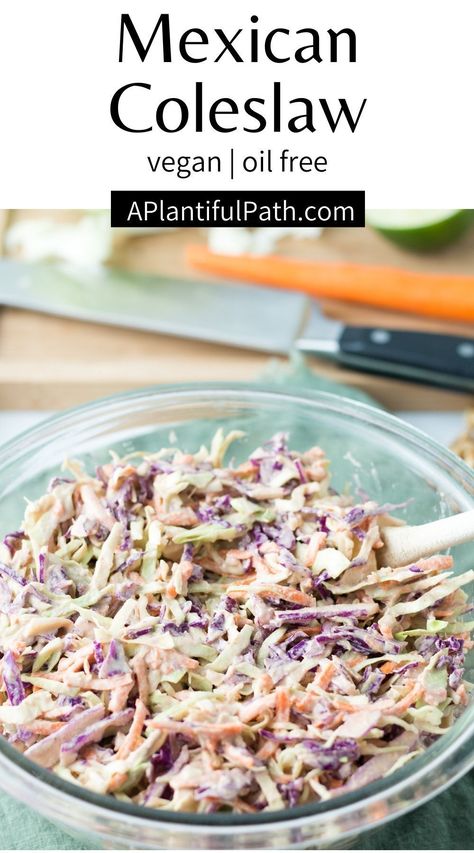 This Mexican Coleslaw is a quick and easy side for your favorite Mexican dishes, or to serve with your burgers and your sandwiches. The chipotle dressing is also amazing on vegetables and in bowls! It's vegan and oil free! Vegan Oil Free Sides, Wfpb Side Dishes, Mexican Style Vegetables, Sides For Tostadas, Chipotle Coleslaw Recipe, Vegan Mexican Side Dishes, Vegan Oil Free Recipes, Vegan Mexican Salad, Mexican Coleslaw Recipe