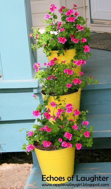 Spray Painted Bucket Planters... - Echoes of Laughter Painted Galvanized Buckets, Bucket Planters, Pink Geranium, Thistlewood Farms, Paint Buckets, Paint Projects, Garden Containers, Flower Planters, Diy Garden Decor