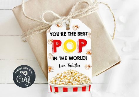 Father's Day Popcorn Gift Tag Template, Printable Best Pop Ever Tags, Editable Popcorn Gift Tag For Dad, Grandpa Favor Tag, Instant Download #fathersday #printabletags #editablegifttags #fathersdaytags #bestpopever #fathersdaypopcorn #fathersdayideas Popcorn Teacher Appreciation, Popcorn Tags, Editable Gift Tags, Teacher Appreciation Printables, Popcorn Gift, Gift Tag Template, Staff Appreciation, Teacher Printable, Gift Tag Cards