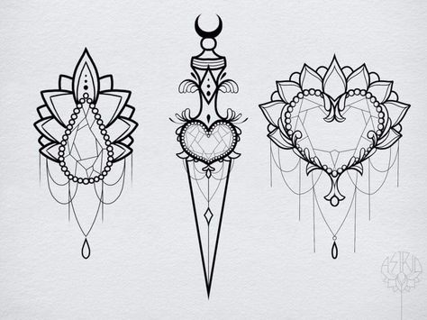 Dagger Tattoo Design, Mandala Tattoos For Women, Tattoo Stencil Designs, Traditional Tattoo Stencils, Gem Tattoo, Jewel Tattoo, Crystal Tattoo, Art To Draw, Scary Tattoos