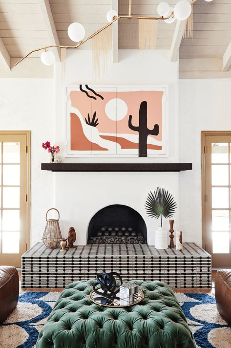 Tour a 1970s Glam Scottsdale, Arizona Home by Colossus Cle Tile, Fireplace Hearth, Desert Homes, Up House, Plywood Furniture, Modern Fireplace, Fireplace Tile, Fireplace Design, A Living Room