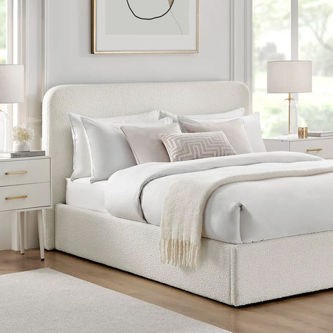 For elegant simplicity combined with functionality and comfort, discover the Ascot ottoman storage bed collection in a beautifully textured off white bouclé fabric - the perfect place to drift off and dream. Beige Bed Frame, White Double Bed, Ottoman Bed Frame, White Bed Frame, Ottoman Storage Bed, Curved Headboard, Modern Bedroom Interior, Beige Bed, Ottoman Storage