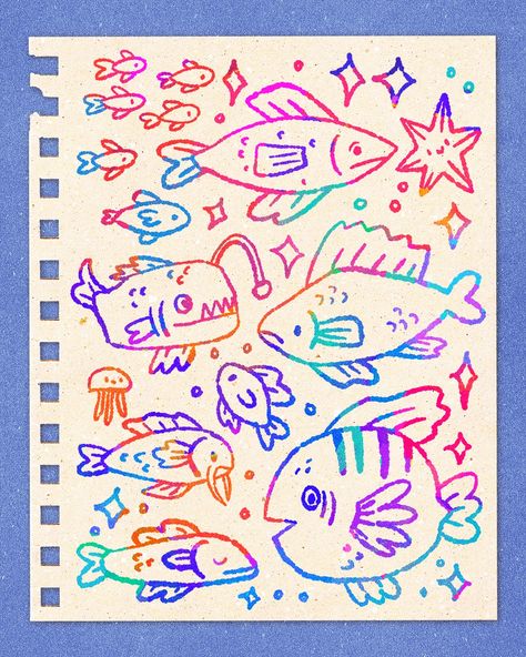 Some fish doodles hehe! Fish are so fun to draw!! Was inspired by @jelarts recent fish drawings!!!🔥 And an old one of mine hehe!! And last time I posted a doodle page like this a few of you commented that the rainbow version in the timelapse (that I didn't use in the end) was so good, so I kept it rainbow this time hehe!! It's really easy to do a rainbow effect like this on a lineart layer - either you make a new layer above the lineart, tap it and select clipping mask, and then anything ... Easy Drawing Fish, Cute Fish Doodle, Fish Drawing Ideas, Fish Doodles, Ocean Doodles, Fish Doodle, Easy Fish Drawing, Lineart Illustration, Doodle Page