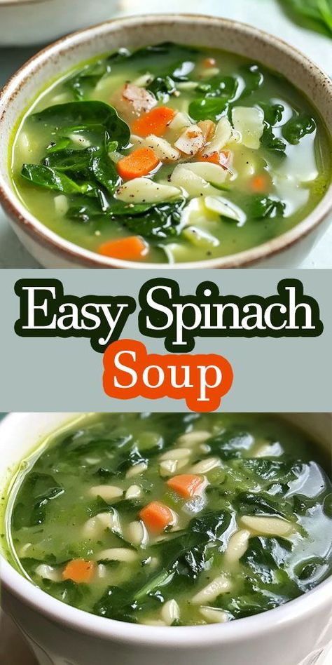 Ingredients: 2 ½ tablespoons butter ½ cup chopped carrots ½ cup chopped scallions 1 clove garlic, minced 6 cups chicken broth ½ cup orzo 1 (10 ounce) bag fresh spinach, chopped Salt and ground black pepper to taste #Spinach #Soup #Quickandeasyrecipe Easy Spinach Soup, 30 Minute Soup Recipes, Spinach Soup Healthy, Spinach Side Dish, Chicken Broth Soup, Spinach Soup Recipe, Garlic Soup, Vegetarian Sides, Vegetarian Side Dishes