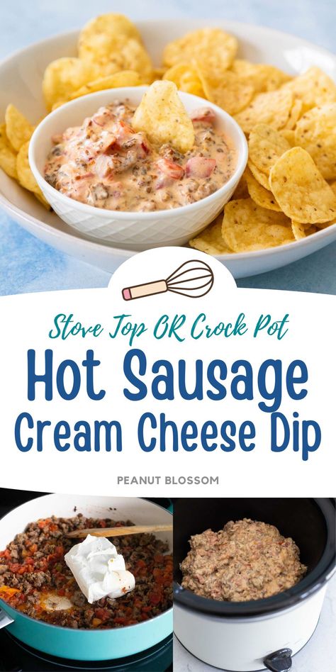 This awesome sausage cream cheese dip can be made in a skillet or in a Crockpot for a hearty appetizer for a football party or holiday open house. Serve with salty tortilla chips for dunking. You can keep the appetizer hot on the buffet table for hours if you keep it warm in a slowcooker. Sausage Cream Cheese Dip, Cheese Dip Crock Pot, Sausage Cream Cheese, Dip Recipes Hot, Cream Cheese Recipes Dip, Sausage Dip, Crock Pot Dips, Cream Cheese Dip, Party Dip Recipes