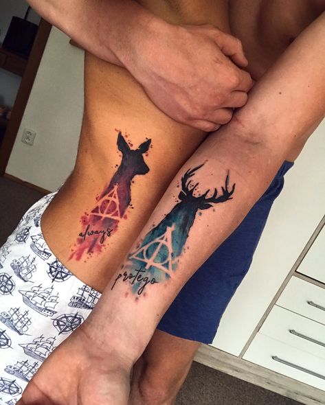 His And Hers Harry Potter Tattoos, Always Couple Tattoo, Harry Potter Tattoos Couple, Harry Potter Couples Tattoos, Matching Tattoos Harry Potter, Couple Tattoos Harry Potter, Harry Potter Matching Tattoos, Harry Potter Tattoos Ideas, Harry Potter Couple Tattoos