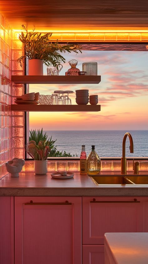 Boho kitchen with pink cabinets, copper tiles, sunset view, concrete countertop, and metallic plants, exuding chic vibes. Boho Chic Kitchen, Pink Cabinets, Golden Hour Light, Rose Gold Kitchen, Quirky Kitchen, Concrete Countertop, Copper Tiles, Creative Retreat, Industrial Style Kitchen