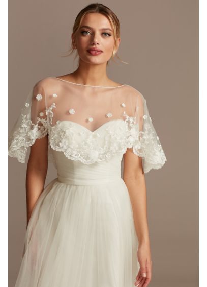 Scalloped Punch Flower Applique Tulle Capelet OW2143 Wedding Dress Capelet, After Wedding Dress, Lace Capelet, Bridal Capelet, Tulle Cape, Simple Wedding Gowns, Wedding Dress Accessories, Necklines For Dresses, Book An Appointment