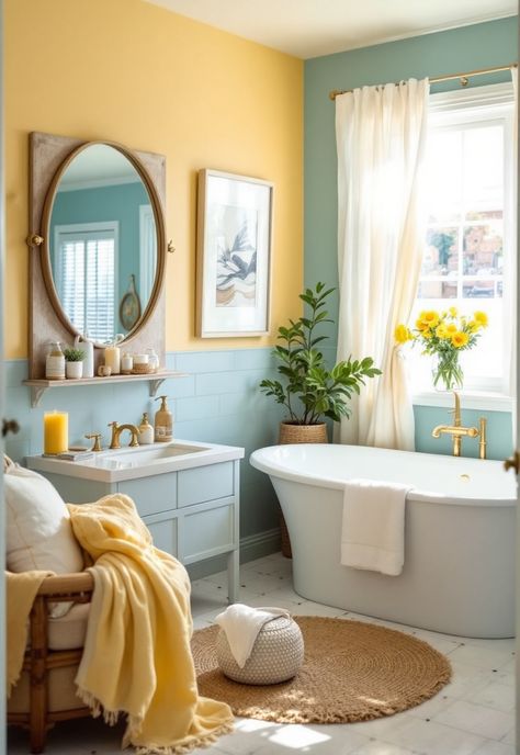 Blue and Yellow Boho Decor Pastel Yellow Bathroom, Blue And Yellow Bathroom Ideas, Yellow And Pink Bathroom, Yellow Blue Bathroom, Light Yellow Bathroom, Bathroom Ideas Yellow, Yellow And Blue Bathroom, Sea Theme Bathroom, Mustard Bathroom