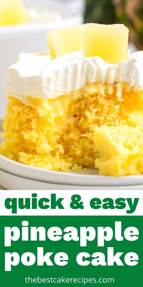 This Pineapple Poke Cake is an easy cake recipe for picnics and potlucks. You'll love the creamy pudding layer and the baked-in pineapple. Pineapple Poke Cake Easy, Pineapple Upside Down Poke Cake, Pineapple Poke Cake Recipes, Best Poke Cake Recipes, Pineapple Cobbler, Pineapple Poke Cake, Cake Poke, 70s Food, Easy Pudding