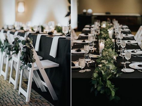 This simple black + white table decor is adorned with a greenery to add a natural feel | Image by Nick + Danée Wedding Centerpieces With Black Tablecloths, Black Table Cover Wedding, Black Linen Wedding Table Centerpieces, Black Tablecloth With Greenery, Wedding Reception With Black Tablecloths, Simple Black Wedding Table Decor, Black Linens For Wedding, White Tablecloth Black Runner, Black Green White Wedding Table Settings