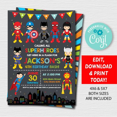 Excited to share the latest addition to my #etsy shop: Superhero Birthday Invitation, Superheroes Party, Superheroes Birthday, Self editable Superhero, Corjl, chalkboard, INSTANT DOWNLOAD https://etsy.me/3GAFvT6 #birthday #superheroesparty #wonderwoman #avengersinvitat Superhero Birthday Party Invite, Superhero Invitations Free Template, Three Year Old Superhero Party, Avengers Invitation Template, Avengers Birthday Invitations, Superhero Birthday Invitations Free, Avengers Party Invitation, Superhero Invite, Superhero Birthday Party Invitations