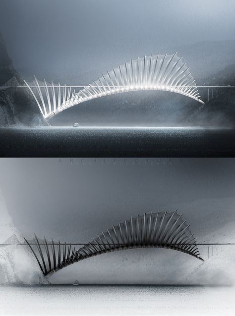 Flying Fish Bridge | Fish dorsal fin structure, over 1000 meter long Bridge concept project. Xray / facade view  by Sako Tchilingirian Fish Architecture, Bridge Concept Art, Fish Structure, Flying Architecture, Bridge Concept, Fish Fins, Bridges Architecture, Fish Fin, Stadium Architecture