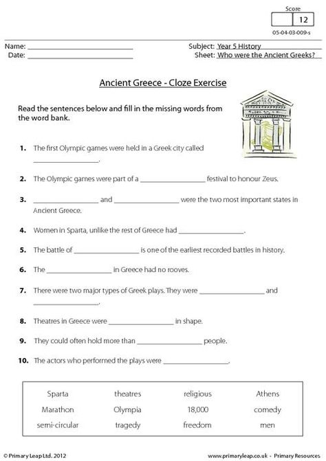 PrimaryLeap.co.uk - Ancient Greece - Cloze activity Worksheet Greece Unit Study, Ancient Greece Stem Activities, Ancient Greece Activities Middle School, Ancient Greece Worksheets, Greek Mythology Worksheets, Ancient Greece Activities, Ancient Greece For Kids, Greece History, Cloze Activity